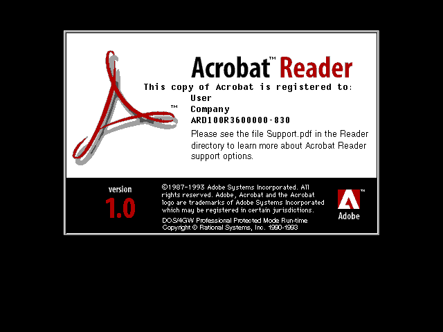 Acrobat Reader 1.0 for DOS - Splash